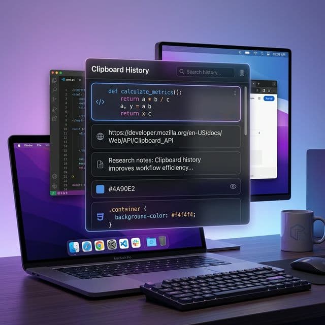 A macOS desktop showing a clipboard manager with multiple copied items organized in a searchable history panel