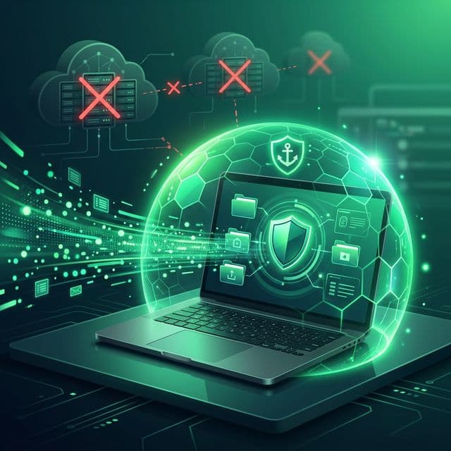 A shield icon protecting a laptop with data stored locally, contrasted against distant cloud servers with warning symbols