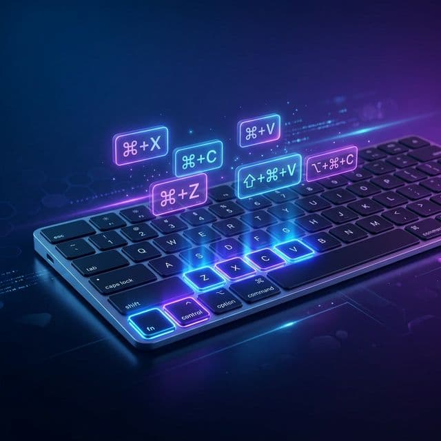 A Mac keyboard with highlighted shortcut keys for clipboard operations
