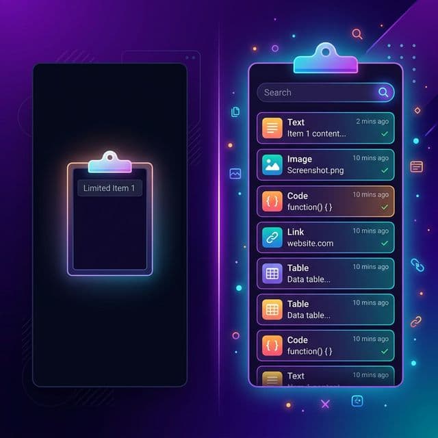 Split-screen comparison showing a single clipboard with one item versus a clipboard history panel with dozens of searchable entries