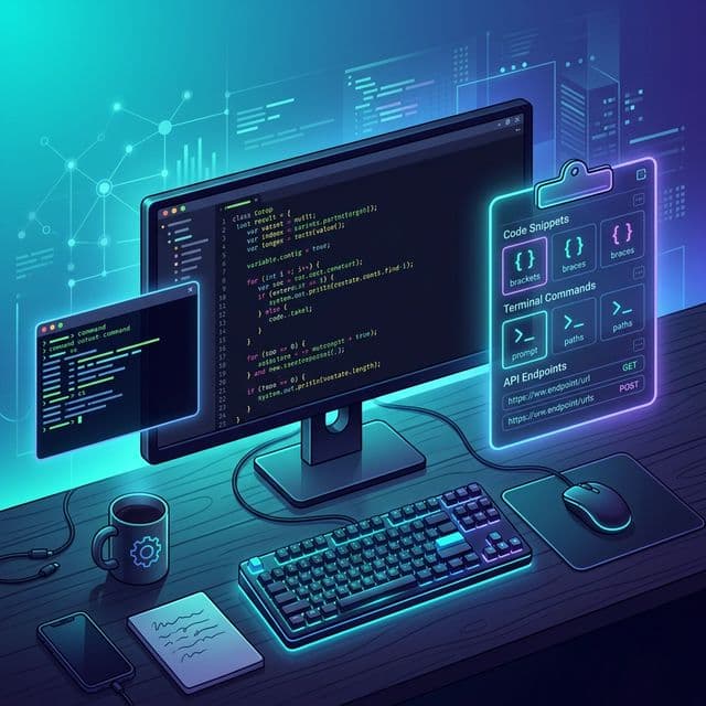 Developer workspace showing code editor, terminal, and clipboard history panel with organized code snippets