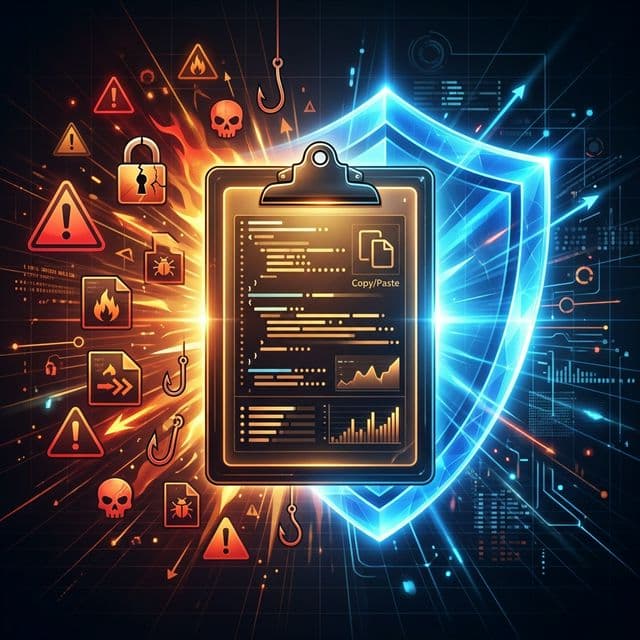 A shield icon protecting a clipboard symbol from surrounding threat indicators