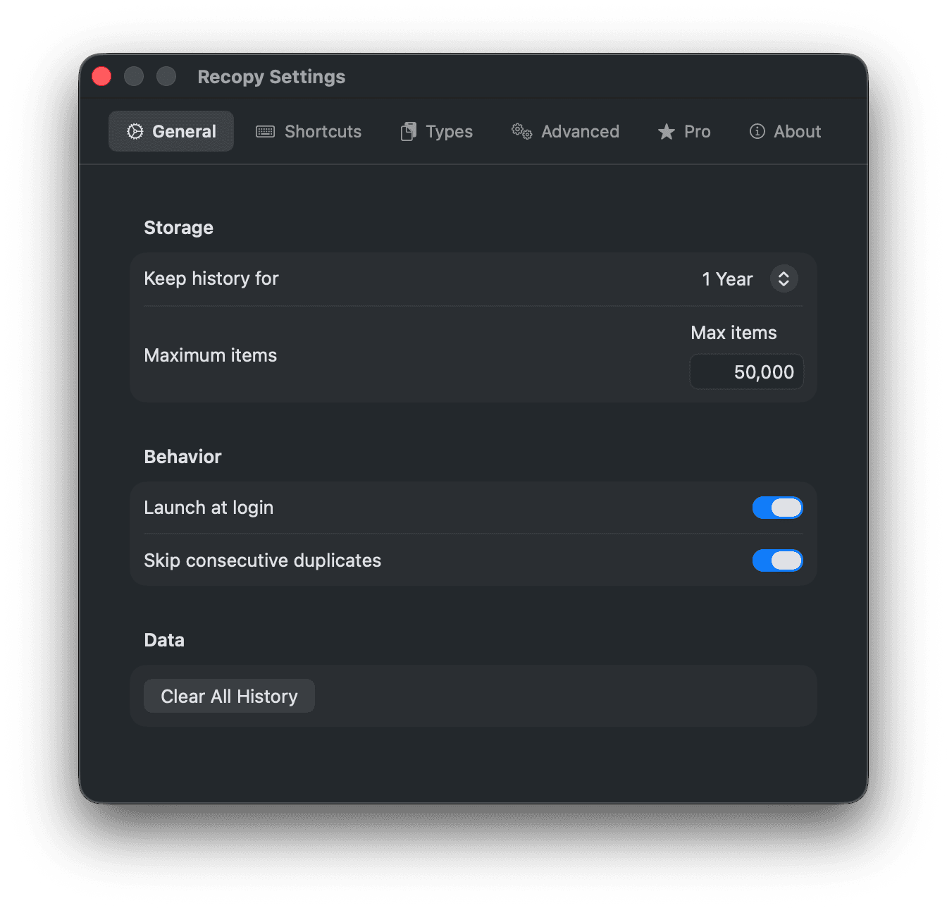 Recopy settings and customization