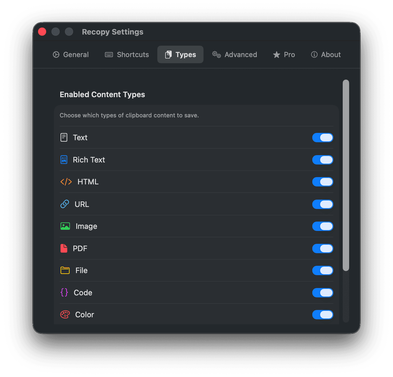 Recopy content type support